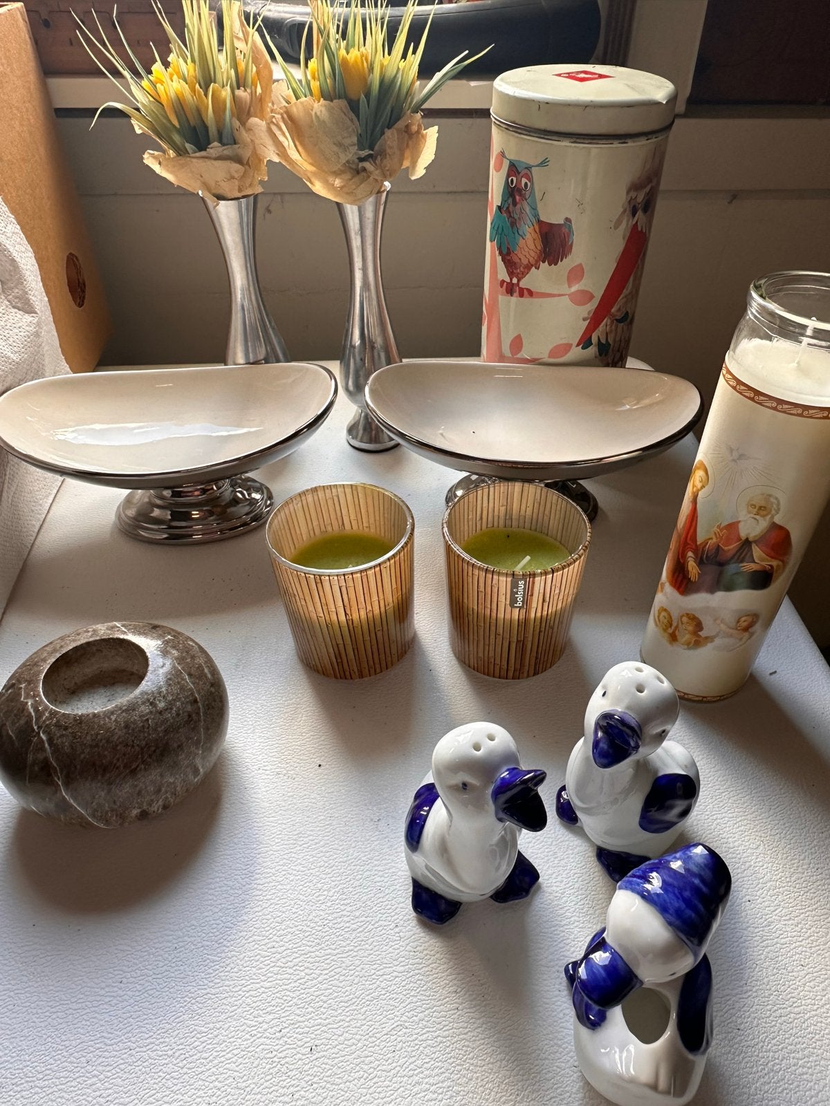Diverse decoratie: kaarsen, vazen, peper- en zoutstel, Vintage, Gebruikt, Meerkleurig, Ophalen of Verzenden