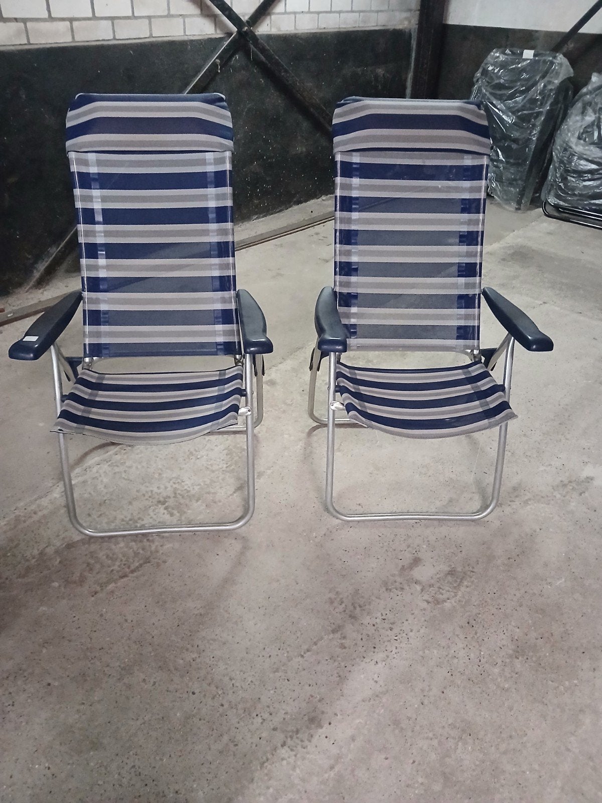 2x Verstelbare Campingstoelen - Blauw/Grijs Gestreept, Caravans en Kamperen, Ophalen, Gebruikt