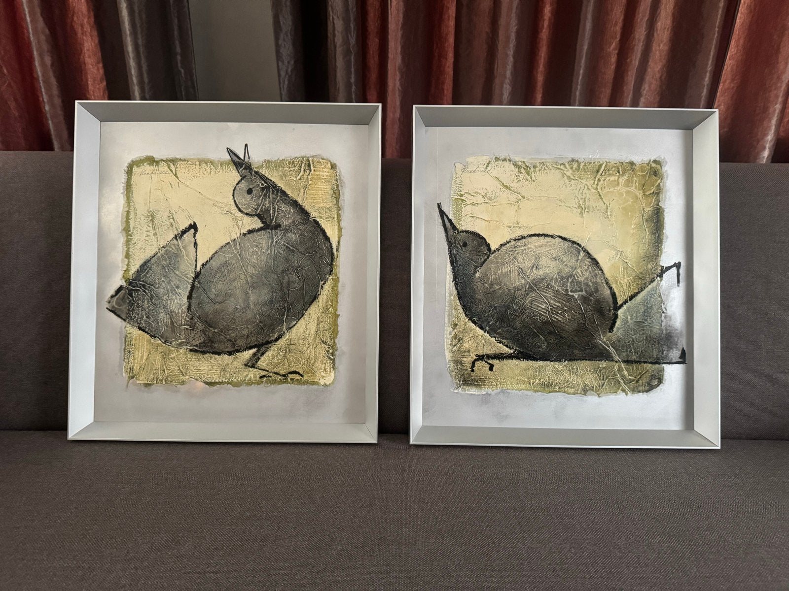 Carla Raadsveld kunst: Twee abstracte vogels in lijst, Ophalen, Abstract, Overige ondergronden, Dieren