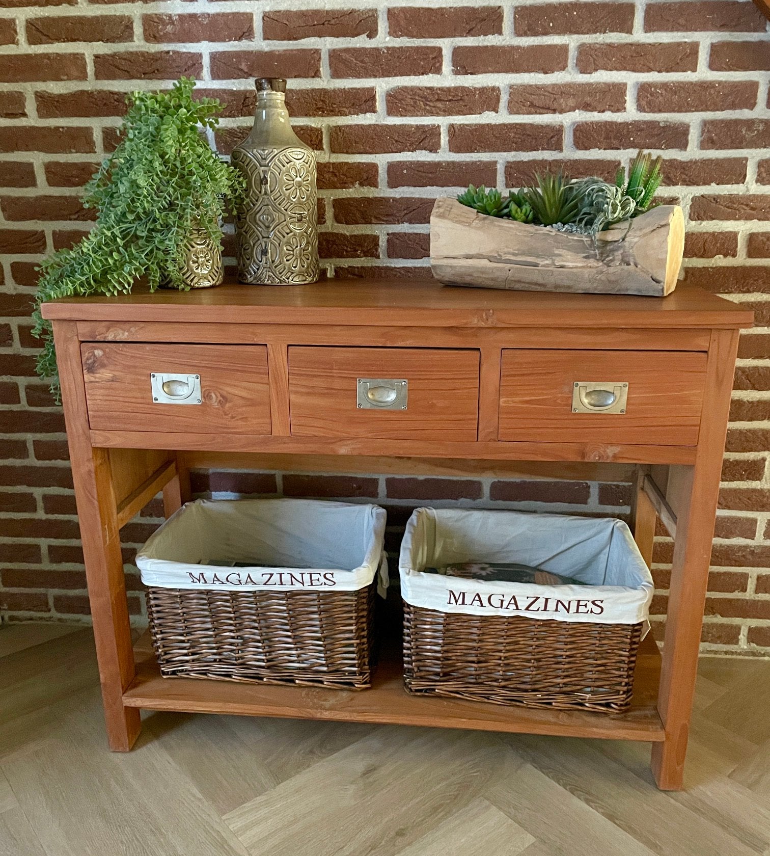 Massief teakhouten sidetable/console 101B x 42D x 81H cm, 100 tot 150 cm, Teakhout, Ophalen of Verzenden, Zo goed als nieuw