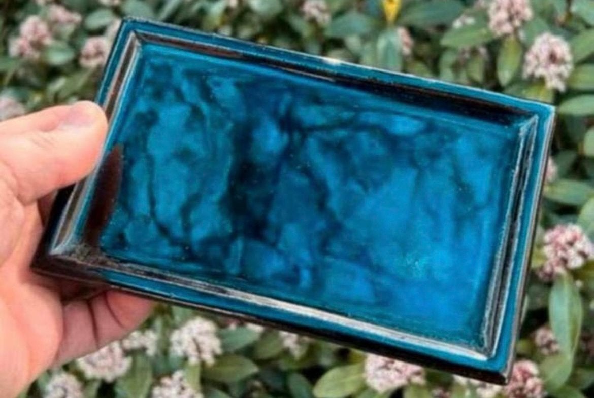 Bonsai onderzetter blauw geglazuurd aardewerk 17,9x11x2,1, Tuin en Terras, Bloempotten, Ophalen of Verzenden, Zo goed als nieuw