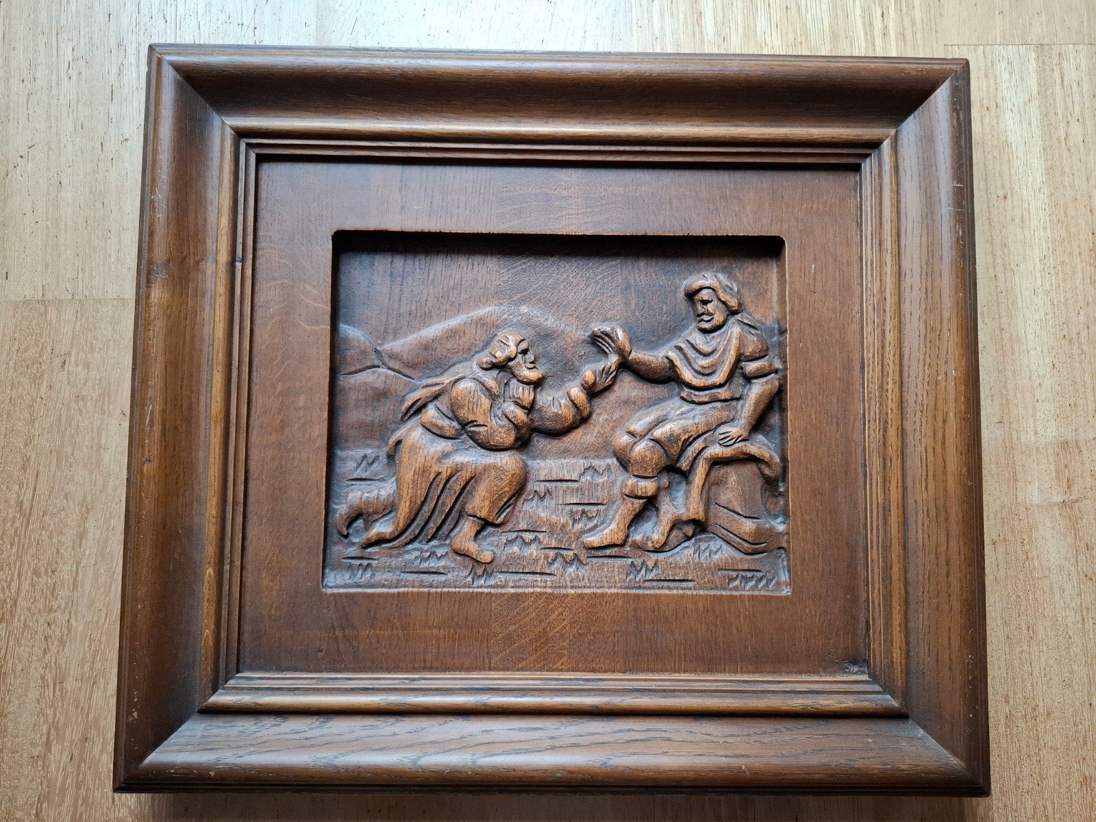 handgesneden houten reliëfpaneel van bijbels tafereel, Antiek en Kunst, Ophalen of Verzenden
