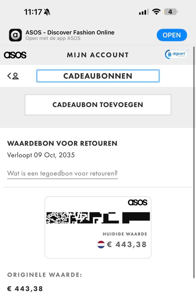 ASOS waardebon voucher twv €443,78, Tickets en Kaartjes, Eén persoon, Cadeaubon
