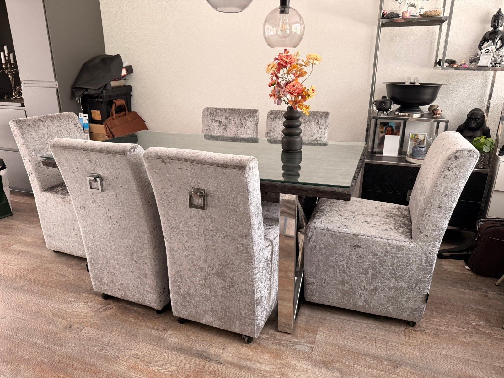 Elegante eettafel met 6 stoelen, Ophalen, Gebruikt, 100 tot 150 cm, 50 tot 100 cm