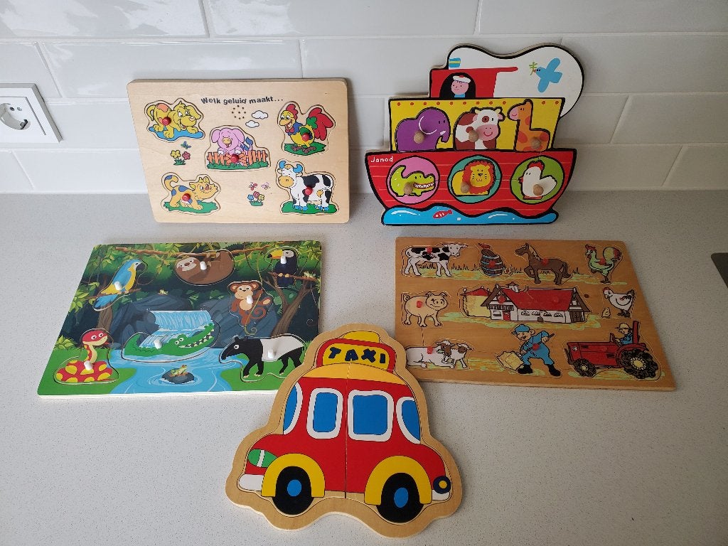 Houten puzzels - Ook los te koop - Boot taxi dier boerderij, Gebruikt, Ophalen of Verzenden, Van hout, Minder dan 10 stukjes