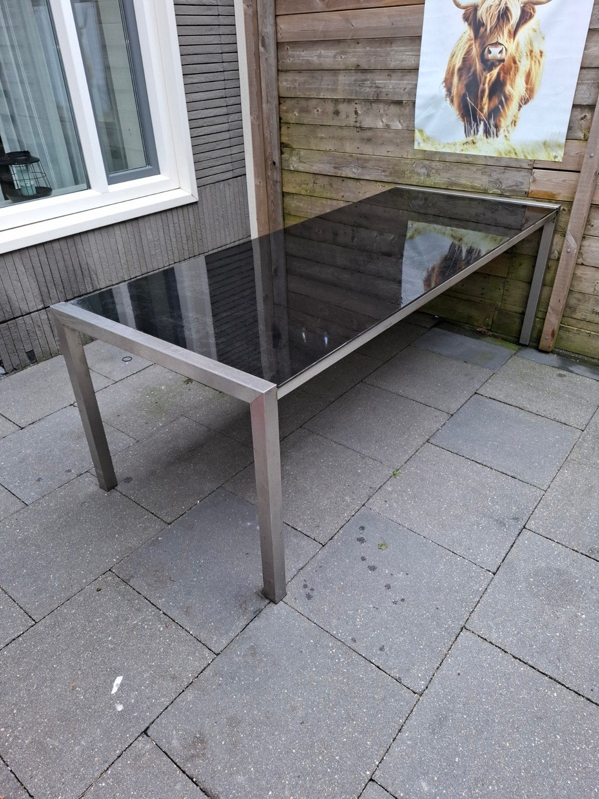 Glazen tuintafel 220x90 met RVS poten, Tuin en Terras, Ophalen, Gebruikt, Rechthoekig, Rvs