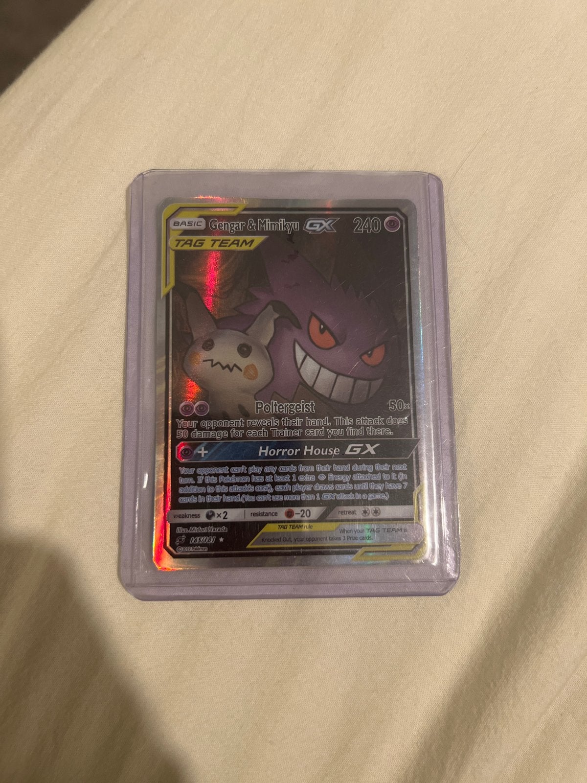 Gengar & Mimikyu GX Pokémon Kaart - Licht Beschadigd, Ophalen of Verzenden, Gebruikt, Losse kaart