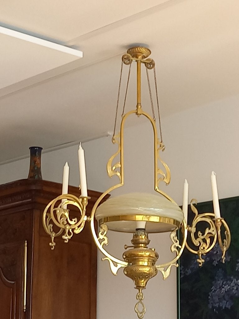 Originele Art-nouveau-hanglamp met glazen kap, Huis en Inrichting, Ophalen, Gebruikt, E27 (groot), Glas