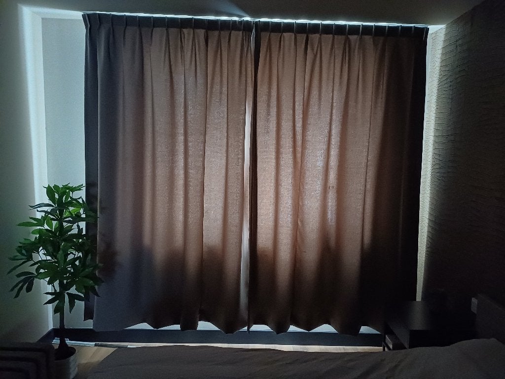 Gordijnen + rail, Ophalen, 200 cm of meer, Beige, Zo goed als nieuw