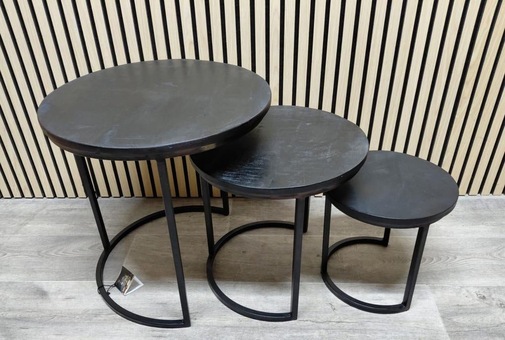 Industriële Bijzettafel – 3-delig – Zwart Mangohout & Staal, LaVe Outlet, Minder dan 55 cm, Metaal of Aluminium, Rond