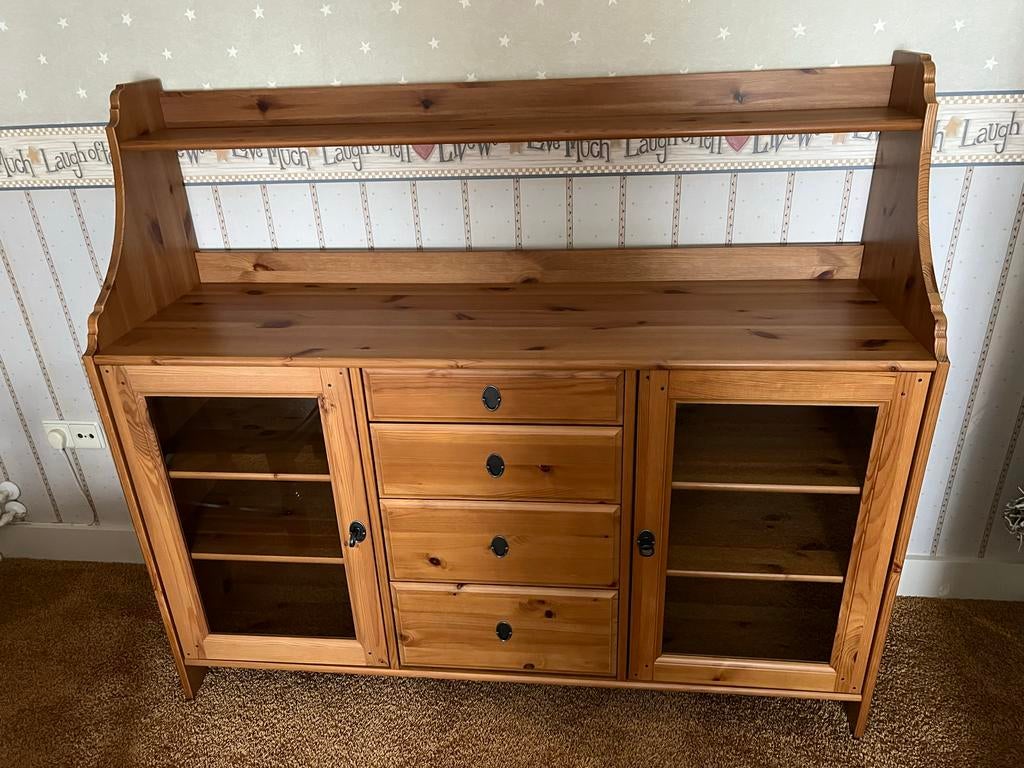 Houten dressoir met vitrinekasten en lades commode sideboard, Ophalen, Gebruikt, 150 tot 200 cm, Met lade(s)