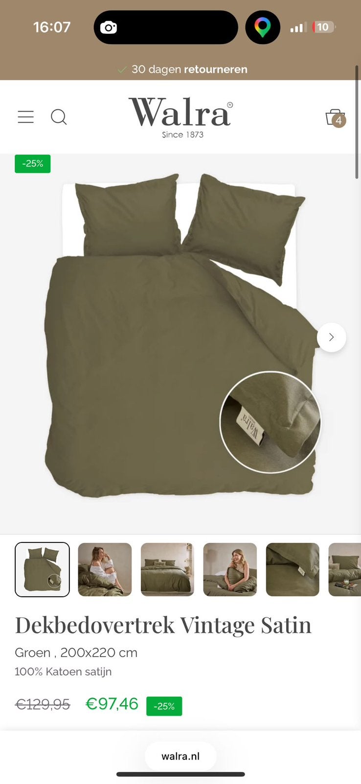 Walra Dekbedovertrek Vintage Satin Groen, Huis en Inrichting, Dekbedovertrek, Tweepersoons, Ophalen of Verzenden, Zo goed als nieuw