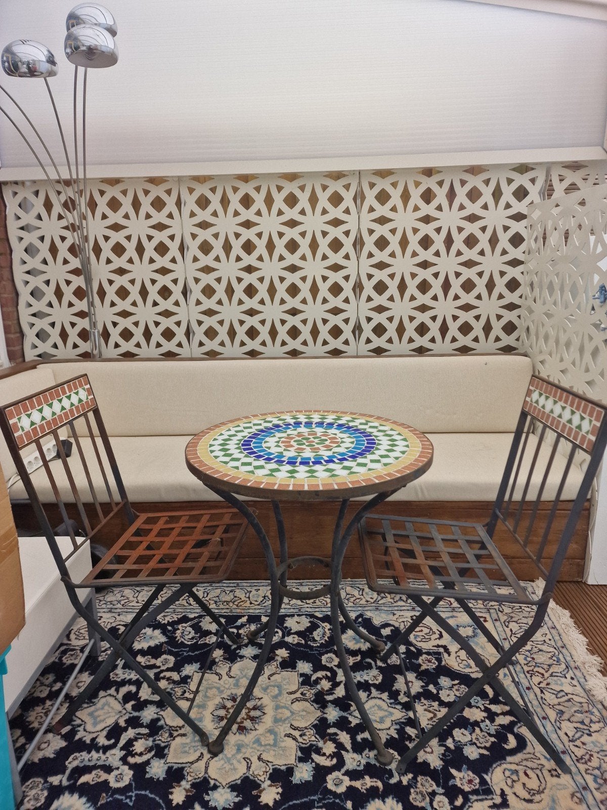 Balkon/overkapping set: mozaïek tafel en 2 stoelen, Tuin en Terras, 2 zitplaatsen, Overige materialen, Gebruikt, Ophalen of Verzenden