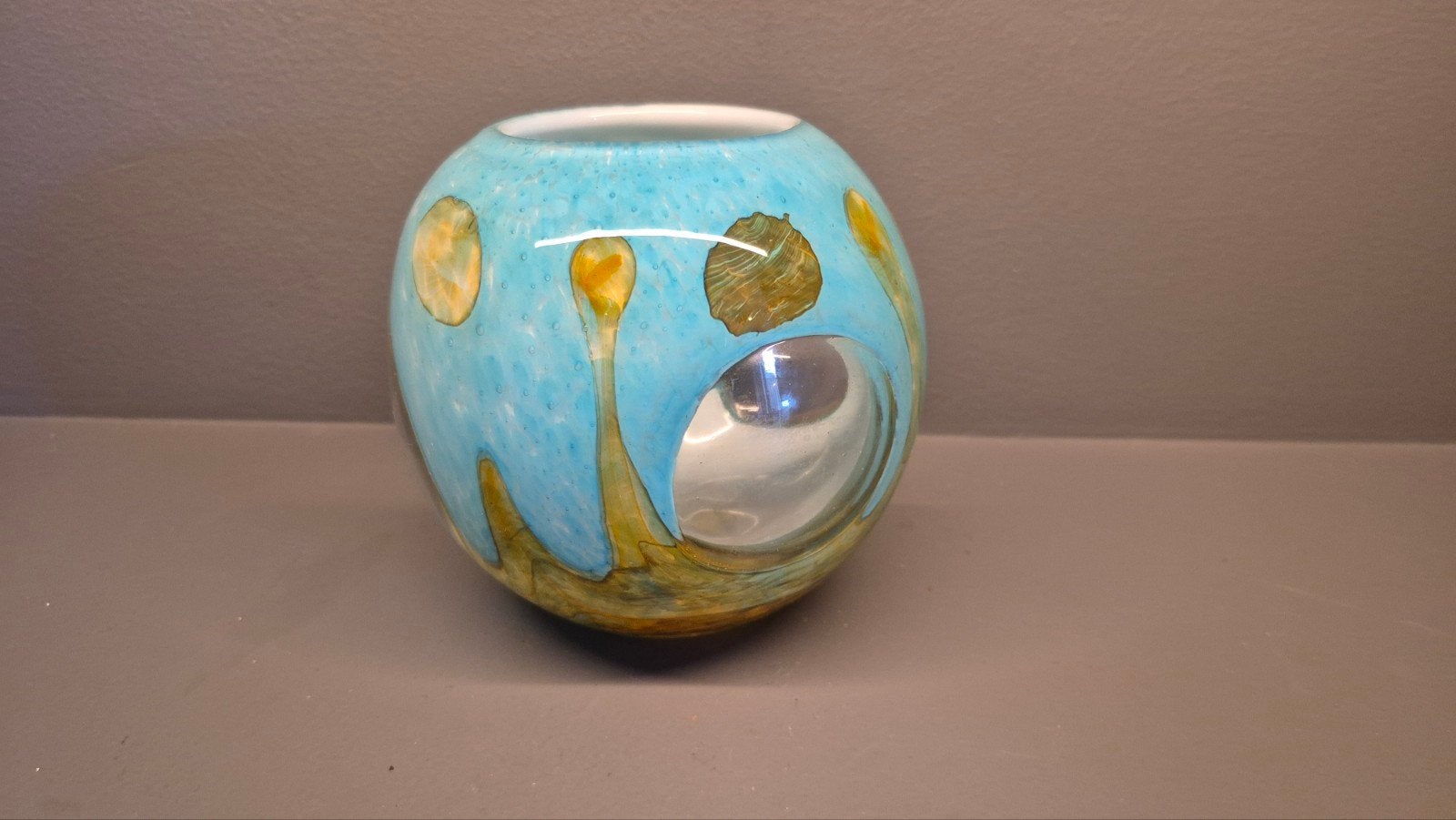 Unieke Glazen Vaas - Blauw/Geel - 14 cm Diameter, Ophalen of Verzenden