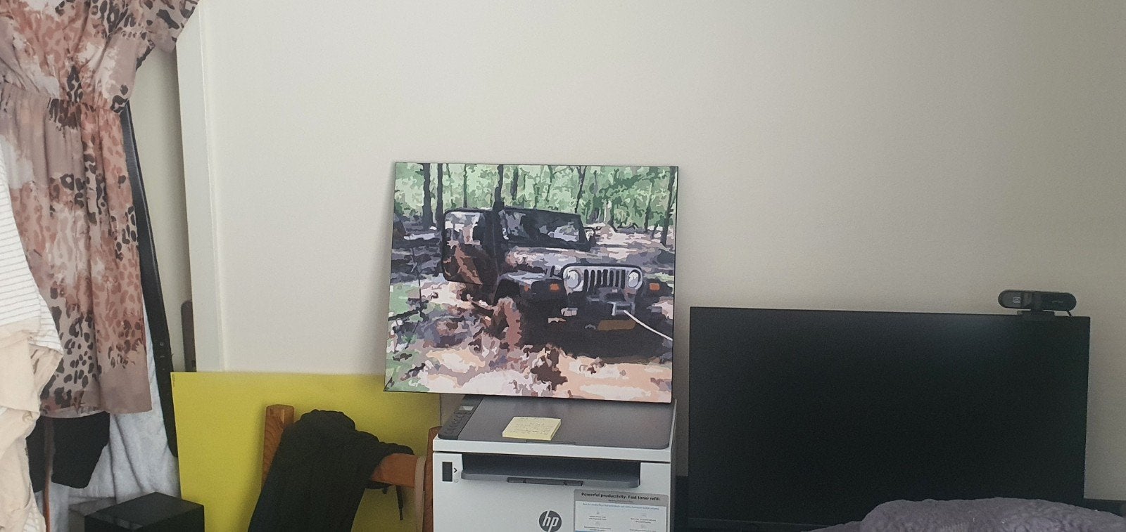 Schilderij Jeep in Modder - Avontuurlijke Kunst, Voertuigen, Op houten frame, Ophalen of Verzenden, Olieverf