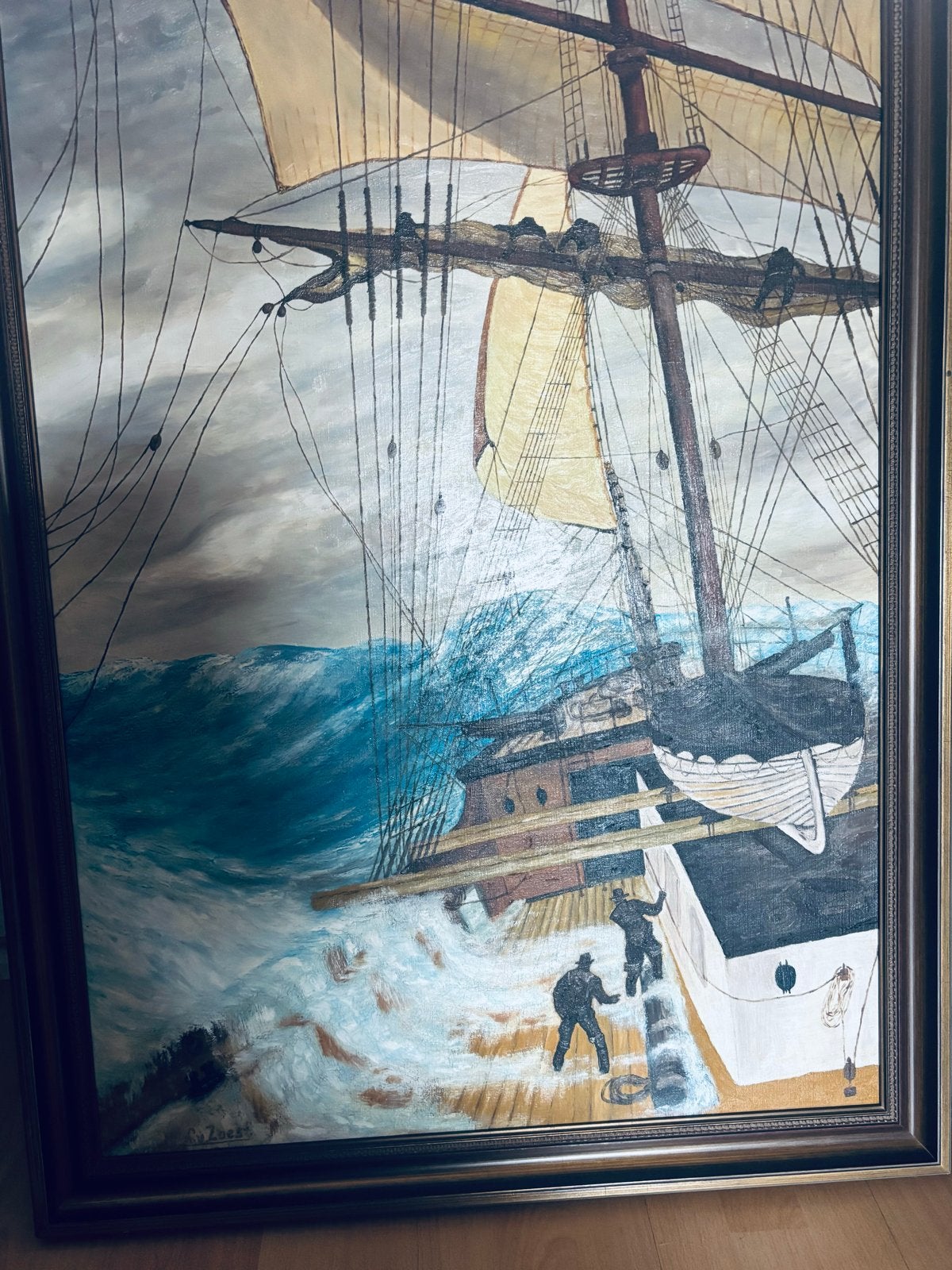 Indrukwekkend Schilderij: Zeilschip op woelige zee, Antiek en Kunst, Ophalen, Maritiem / water, Doek, Realistisch