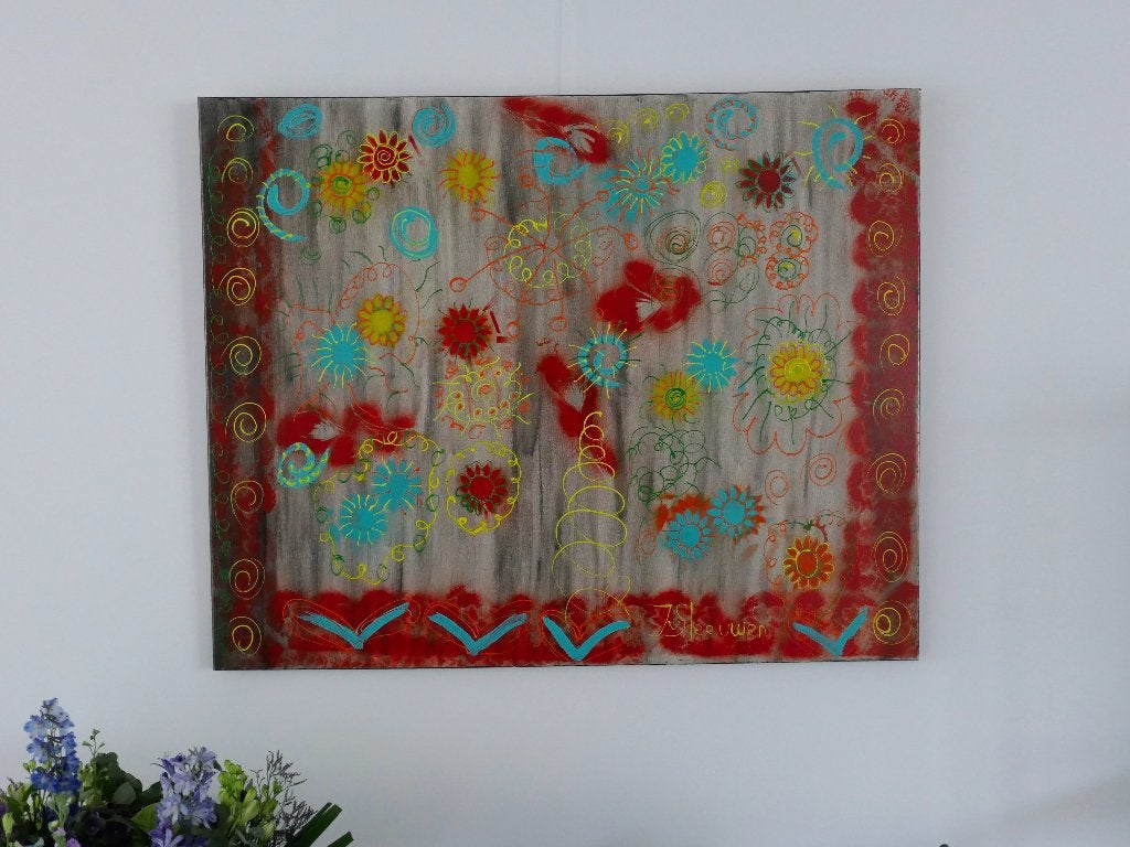 Abstract bloemen schilderij, gesigneerd, Antiek en Kunst, Ophalen, Overige materialen, Bloemen, Gesigneerd
