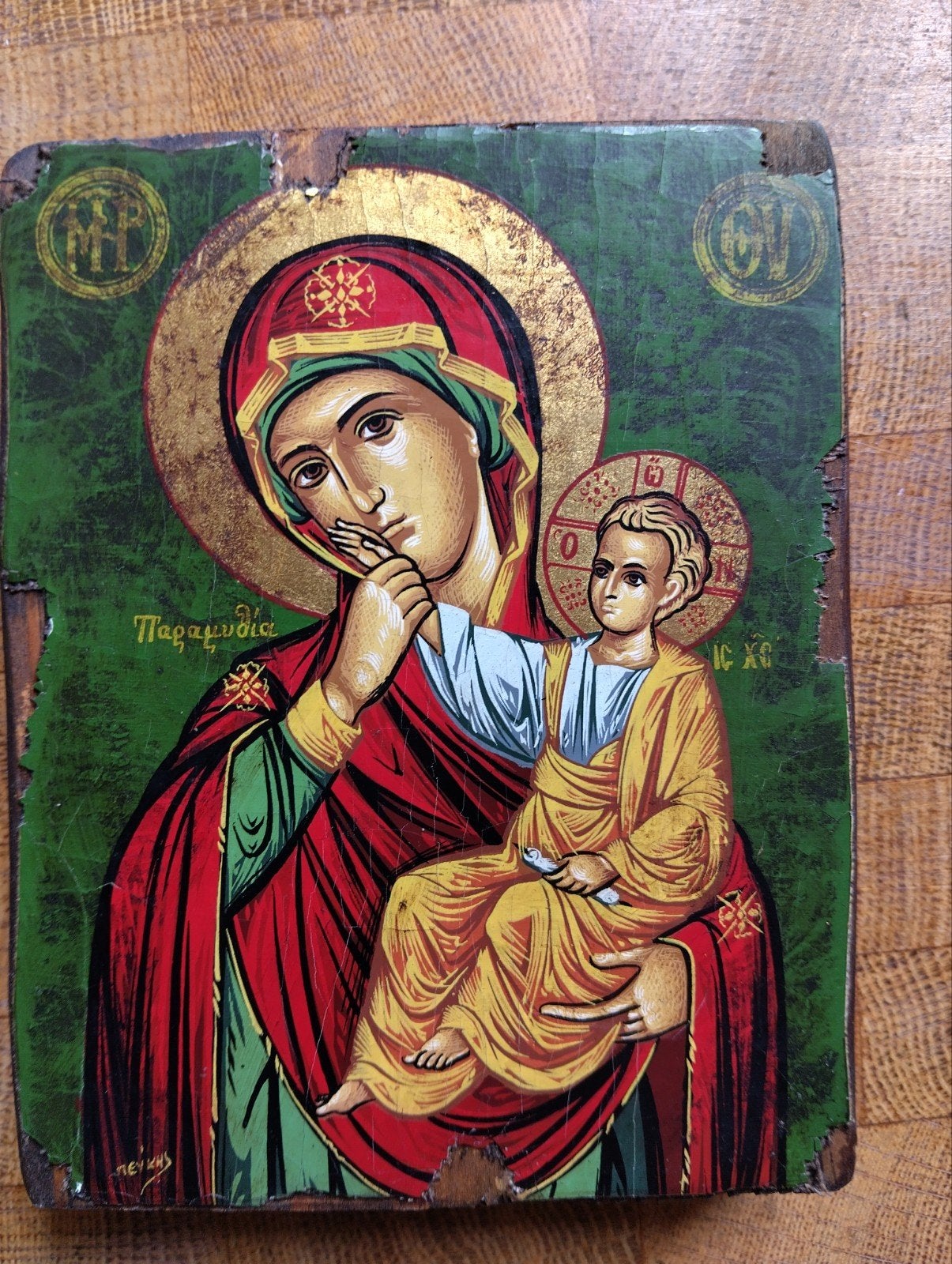 Antieke Griekse icoon van Maria met Kind, handgeschilderd, Antiek en Kunst, Antiek | Religie, Ophalen of Verzenden