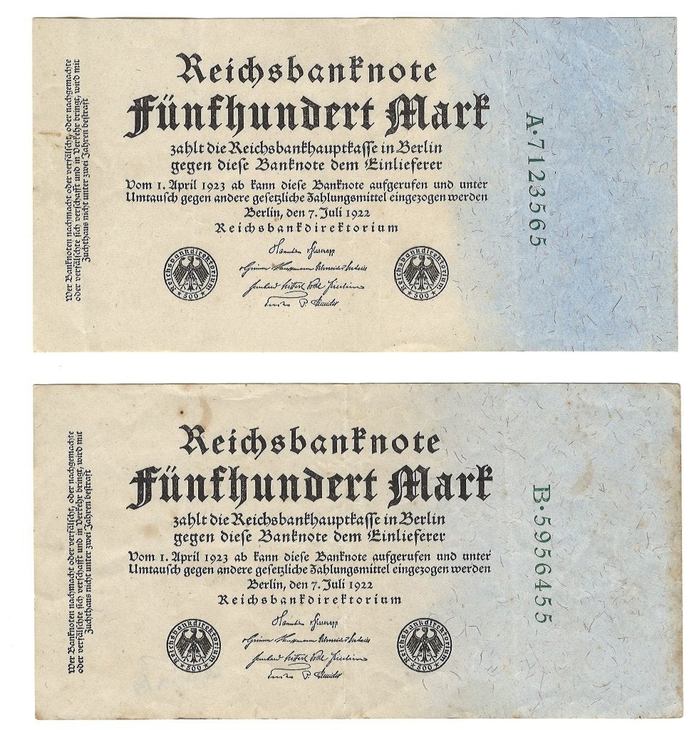 Oud biljet Reichsbanknote 500 mark, Ophalen, Duitsland, Los biljet