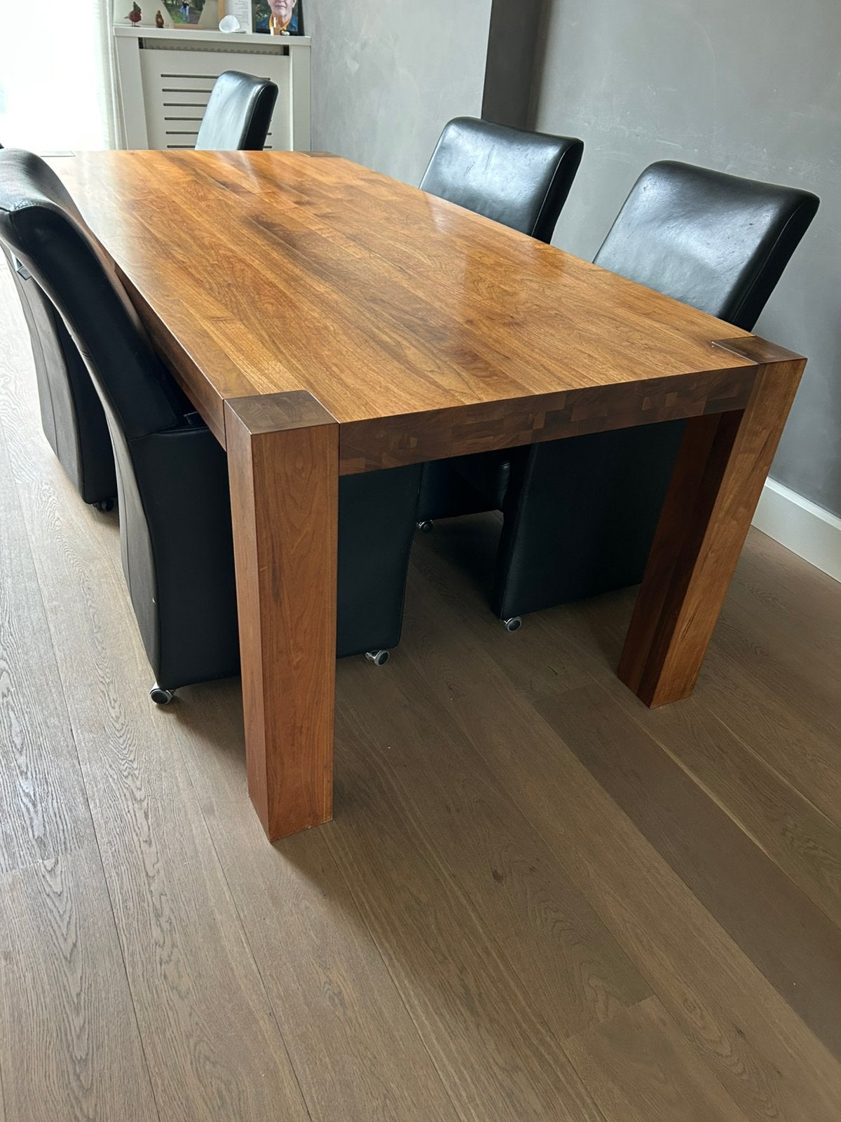 Tafel met 6 leren stoelen, Huis en Inrichting, Ophalen, Gebruikt, Landelijk warm, 4 tot 6 stoelen