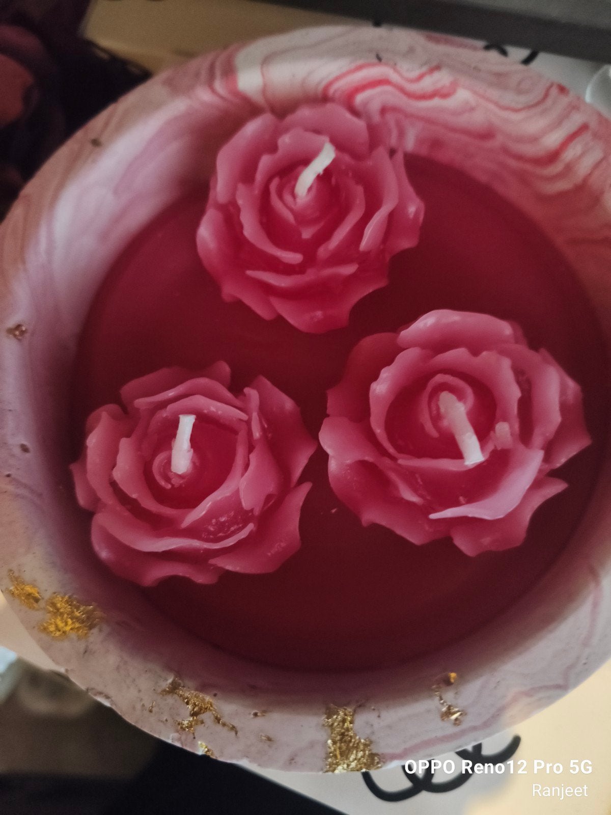 Roze marmeren kaarsenhouder met roosjeskaarsen, Ophalen, Overige materialen, Overige kleuren, Nieuw
