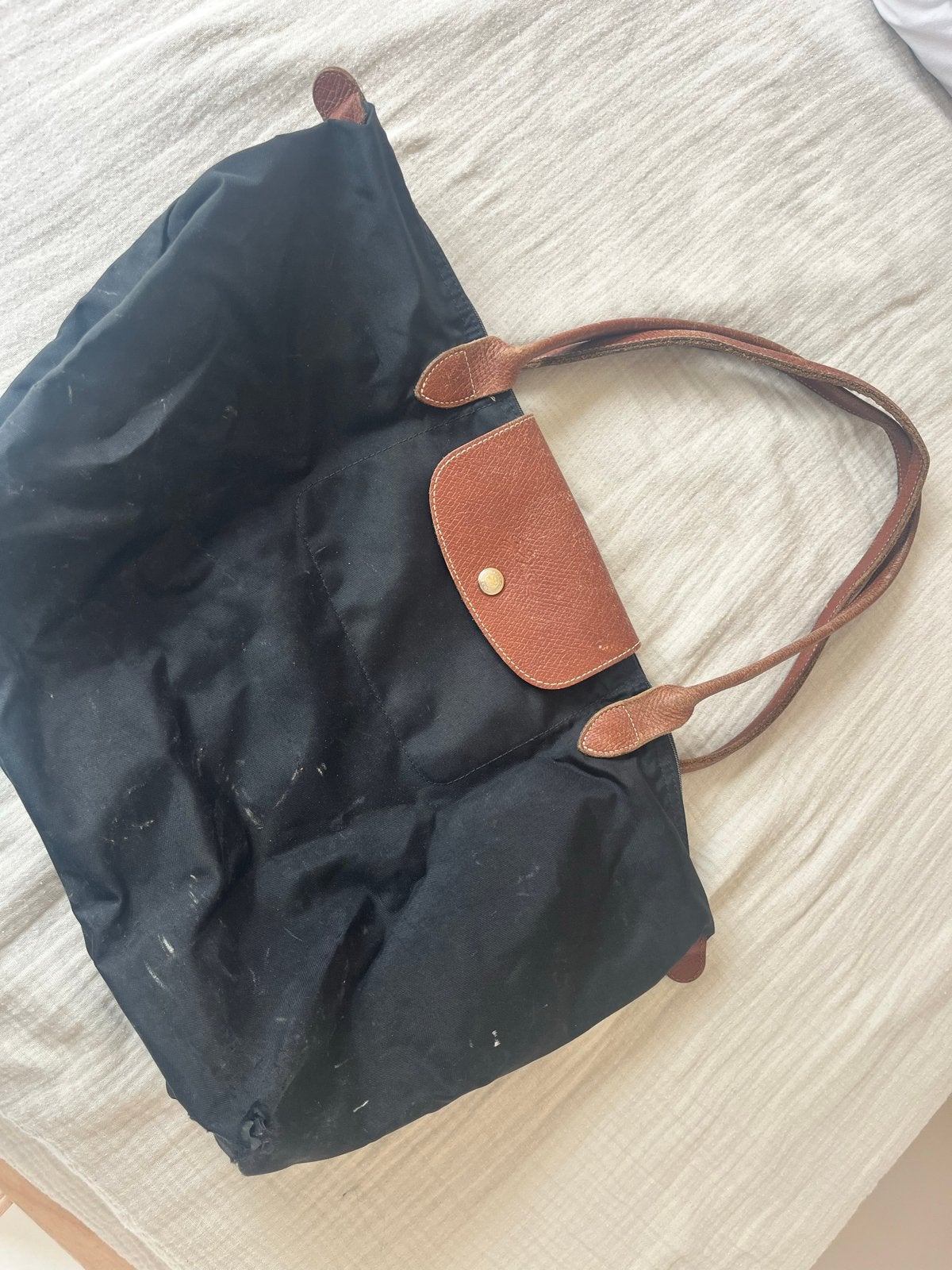 Longchamp Le Pliage tas - Zwart met bruin leer, Ophalen of Verzenden, Gebruikt, Zwart, Shopper