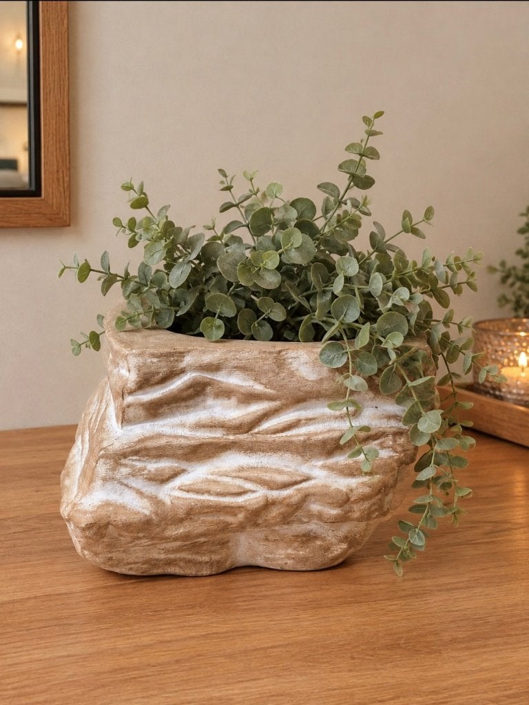 Decoratieve beige bloempot met reliëf, Tuin en Terras, Gebruikt, Vierkant, Ophalen of Verzenden, Aardewerk