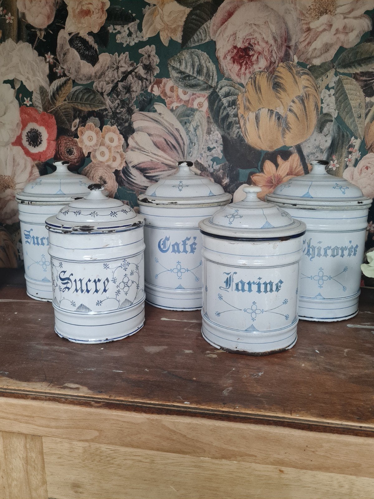 Set van 5 antieke emaille voorraad bussen, Antiek en Kunst, Ophalen of Verzenden