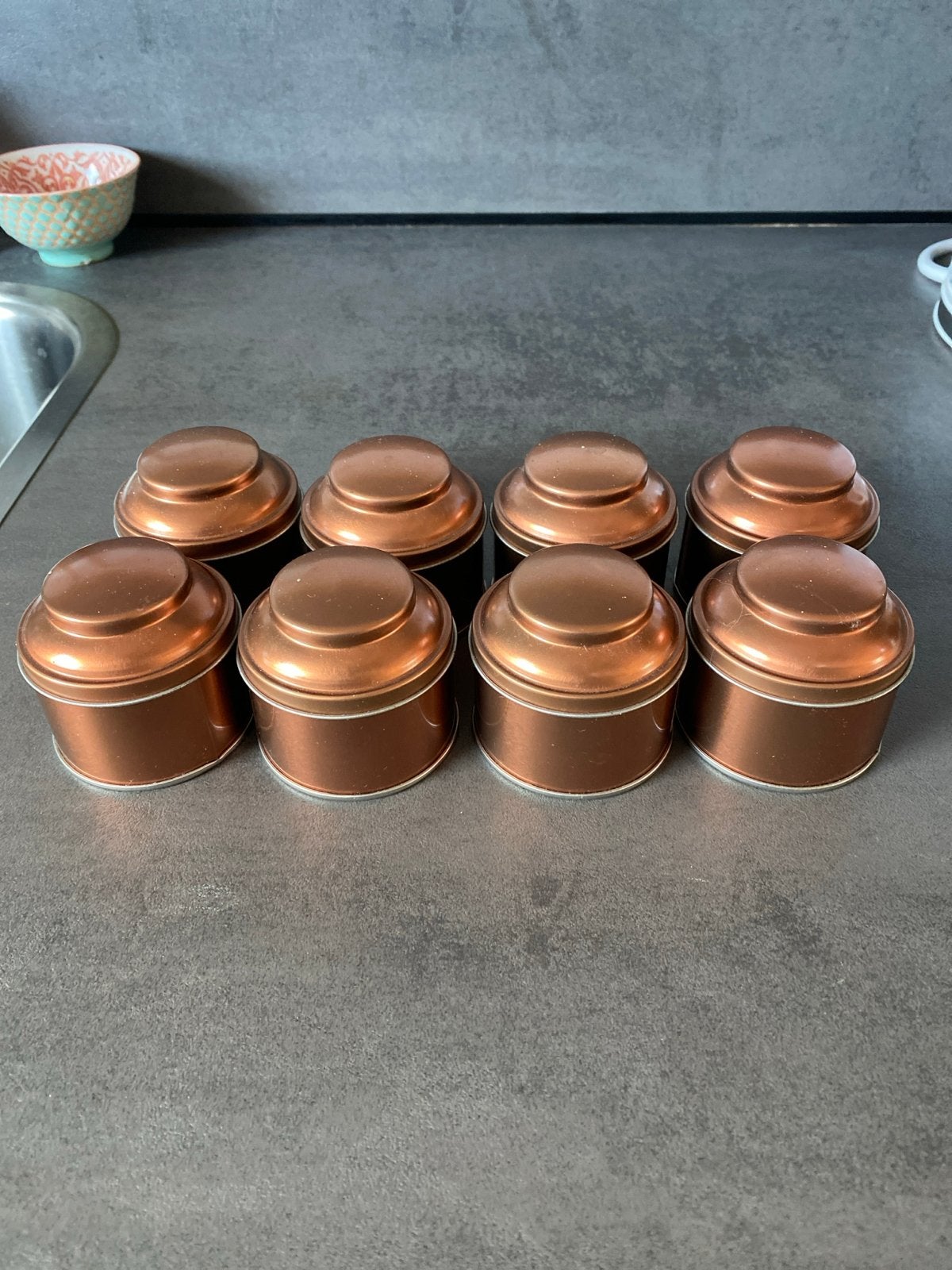Set van 8 koperkleurige voorraadpotjes, Voorraadpot, Ophalen of Verzenden, Gebruikt, Metaal