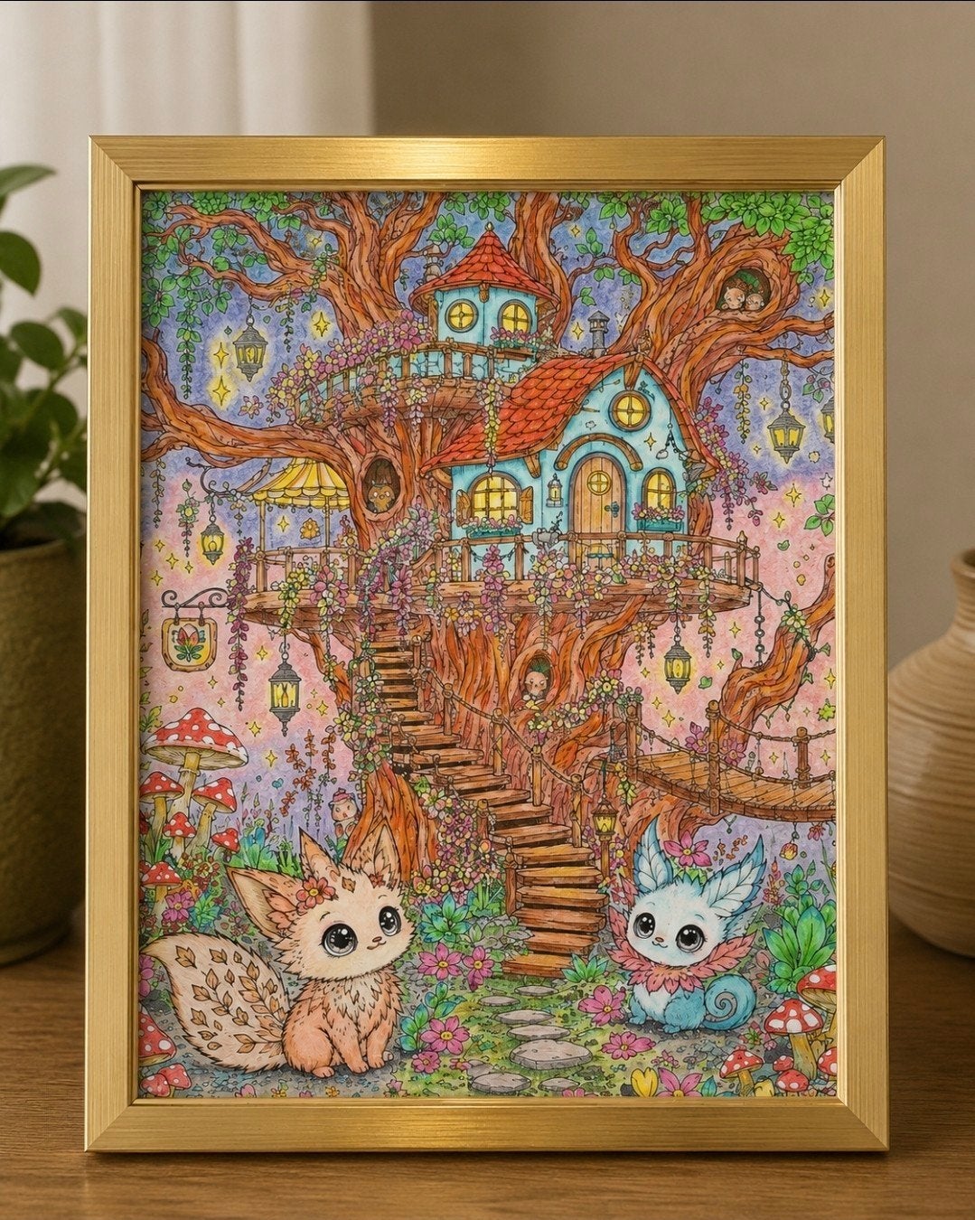 Hand-afgewerkte fantasy tekening Novi & Lumi in gouden lijst, 50 – 75, Minder dan 50 cm, Nieuw, Ophalen of Verzenden