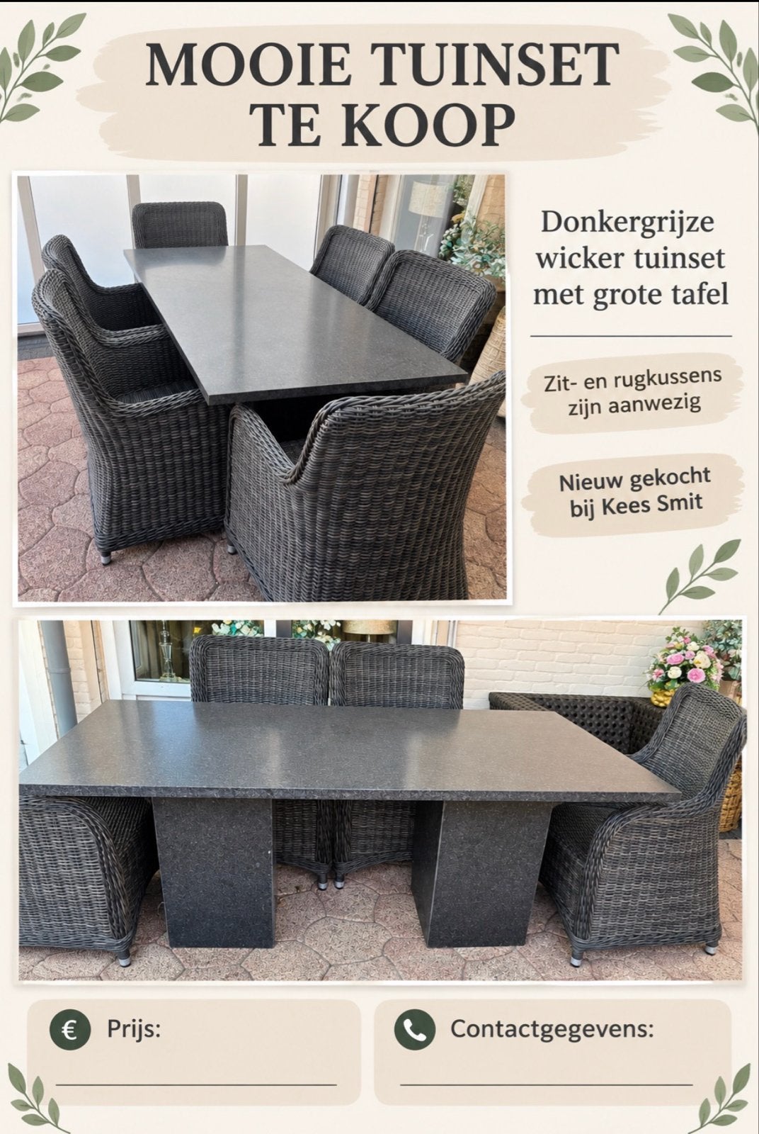 Donkergrijze tuinset met grote tafel, Tuin en Terras, Eettafel, 6 zitplaatsen, Ophalen of Verzenden, Zo goed als nieuw