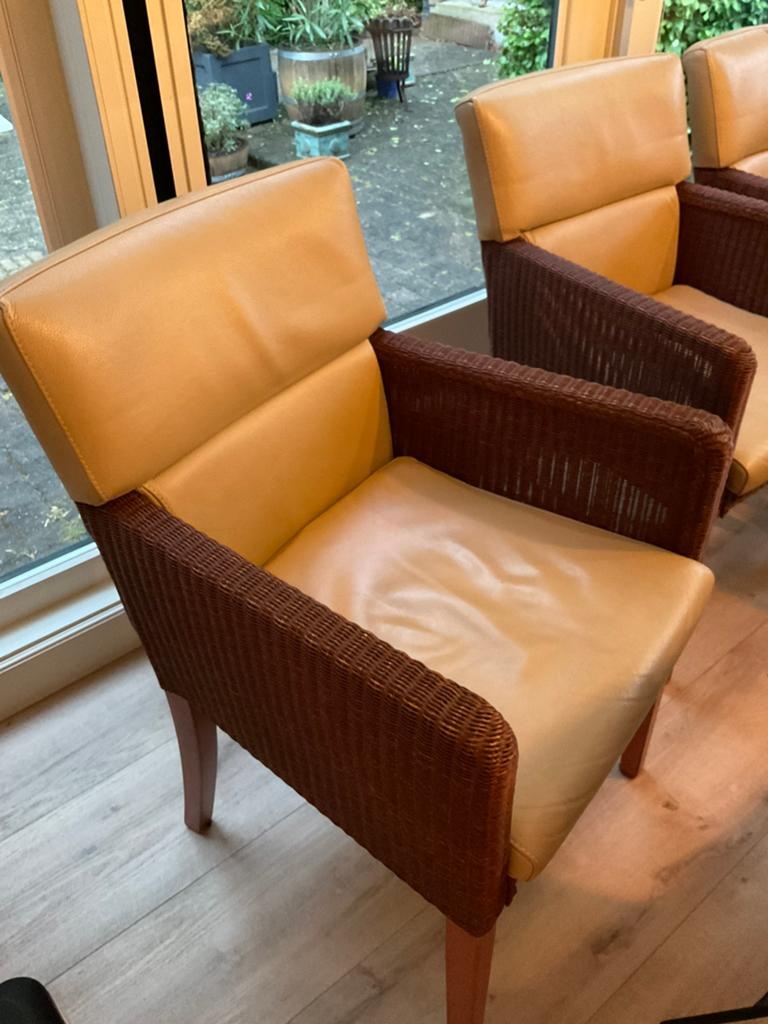 Eetkamerstoelen, zes stuks, rotan en leer, Huis en Inrichting, Fauteuils, Ophalen, Gebruikt, Minder dan 75 cm, Landelijk