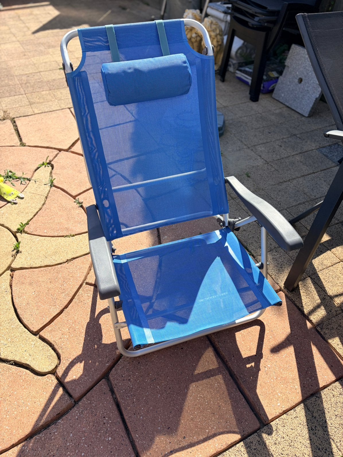 Kampeerstoel blauw veel standen ook liggen tot 110kg, Ophalen, Gebruikt, Campingstoel