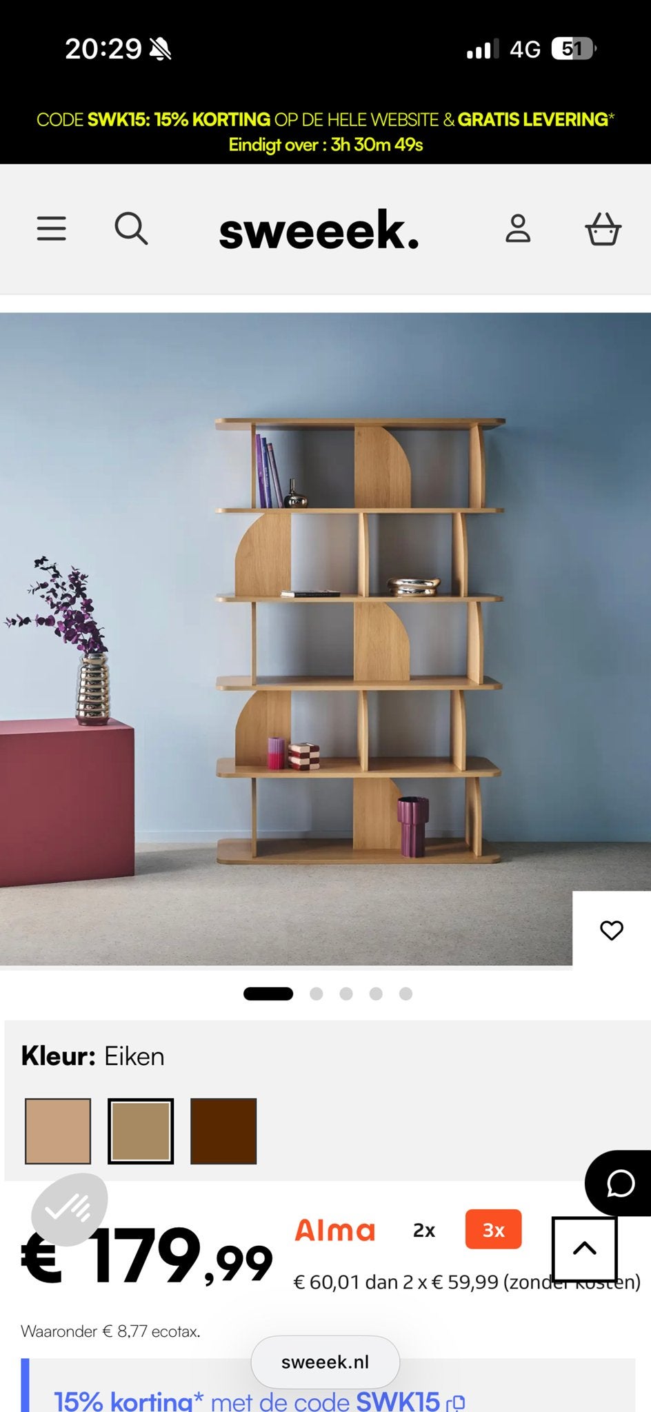 Sweek Eikenhouten Boekenkast - Modern Design, Huis en Inrichting, Ophalen, Met plank(en), 100 tot 150 cm, Eikenhout