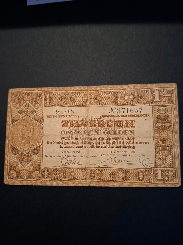 1 gulden Zilverbon uit 1938 in ZF
Serie BN, Postzegels en Munten, Bankbiljetten | Nederland, Ophalen of Verzenden, 1 gulden, Los biljet