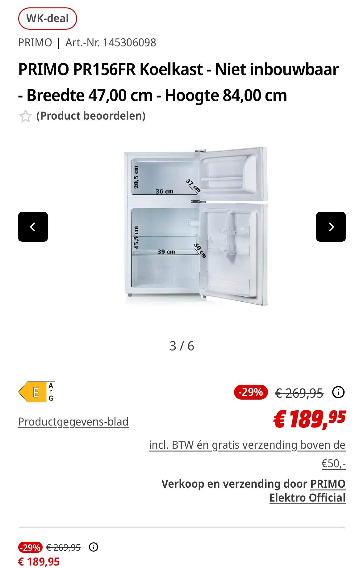 PRIMO PR156FR Koelkast - Niet inbouwbaar, 85 tot 120 cm, 75 tot 100 liter, Nieuw, Ophalen of Verzenden