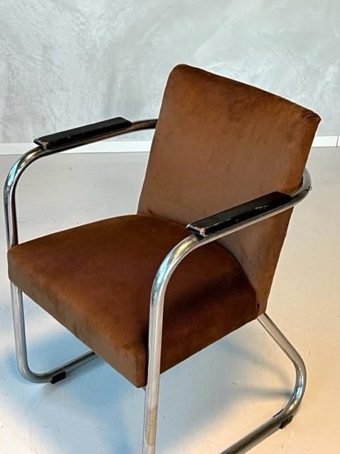 Jaren 30 armstoel vintage sledestoel buisframe bauhaus stoel, Gebruikt, Bauhaus, Bruin, Ophalen of Verzenden