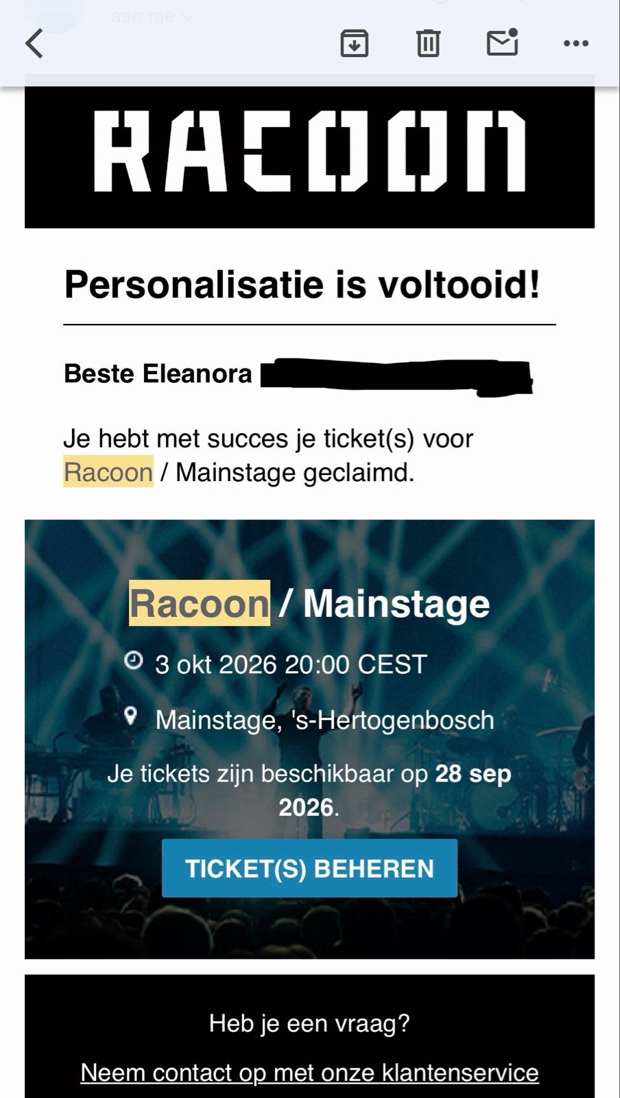 2 kaartjes voor Racoon in Den Bosch, Twee personen, Oktober