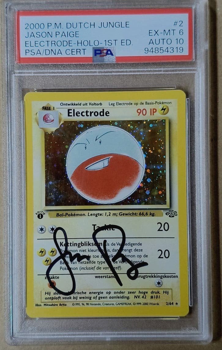 Pokemon Electrode Holo 1st Ed. PSA   Auto 10 Jason Paige, Ophalen of Verzenden, Zo goed als nieuw, Losse kaart