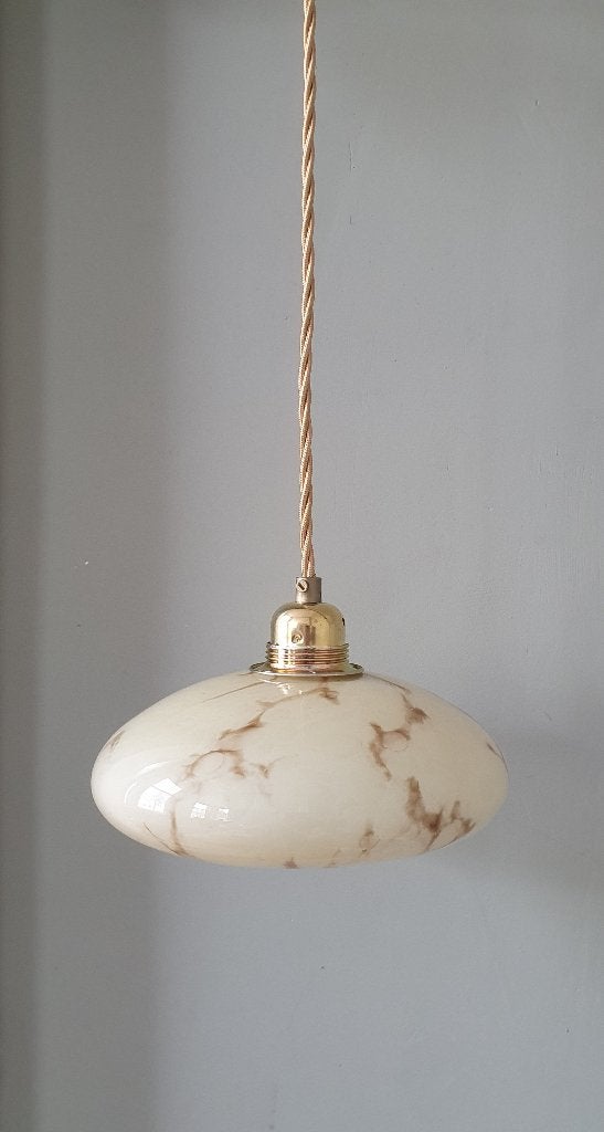Gemarmerde Geel/Creme Vintage hanglamp - Opaline - Art Deco, Marmer, glas, marble, Antiek, Art Deco, Vintage, Zo goed als nieuw