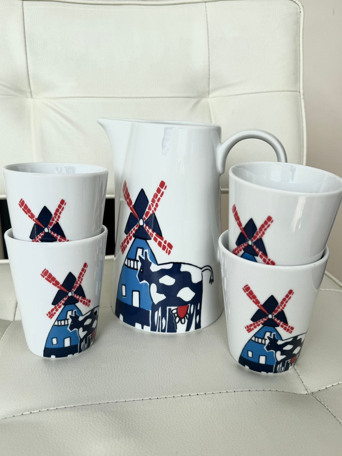 Hollands servies Kan 4 bekers Koe Molen Schoonhoven Keramiek, Gebruikt, Overige merken, Keramiek, Landelijk/Boerenbont