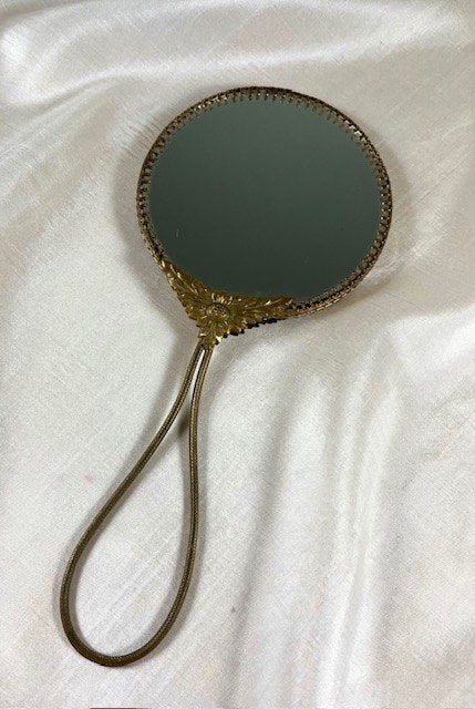 Antieke Franse Victoriaanse verguld bronzen handspiegel, Antiek en Kunst, Ophalen of Verzenden, Rond, Minder dan 50 cm, Minder dan 100 cm