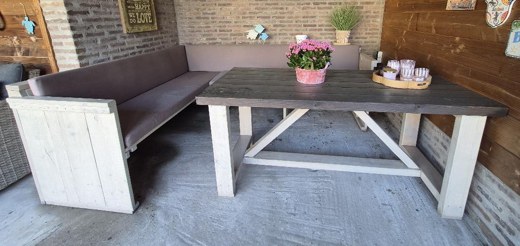 Steigerhouten hoekbank + kussens, Ophalen, 5 zitplaatsen, Gebruikt, Steigerhout