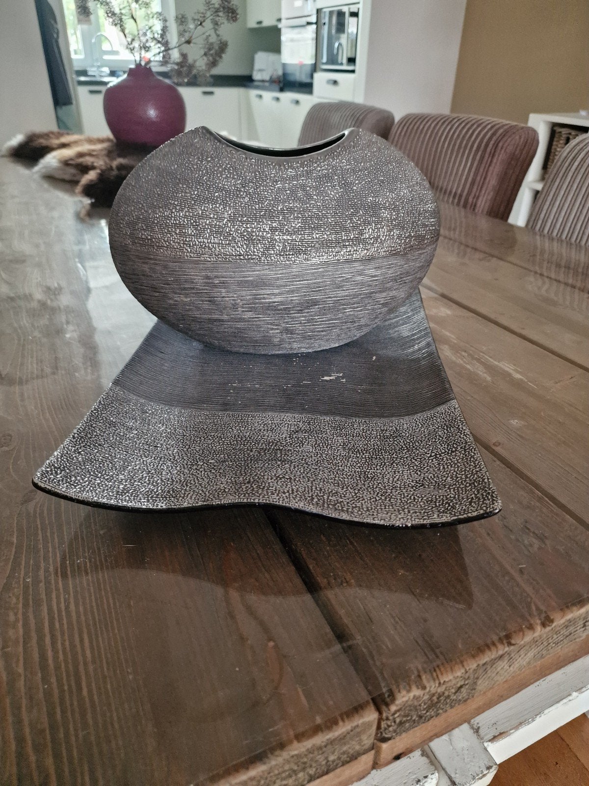 Decoratieve vaas en schaal set - Grijs/Zilver, Huis en Inrichting, Overige materialen, Ophalen of Verzenden, Zo goed als nieuw