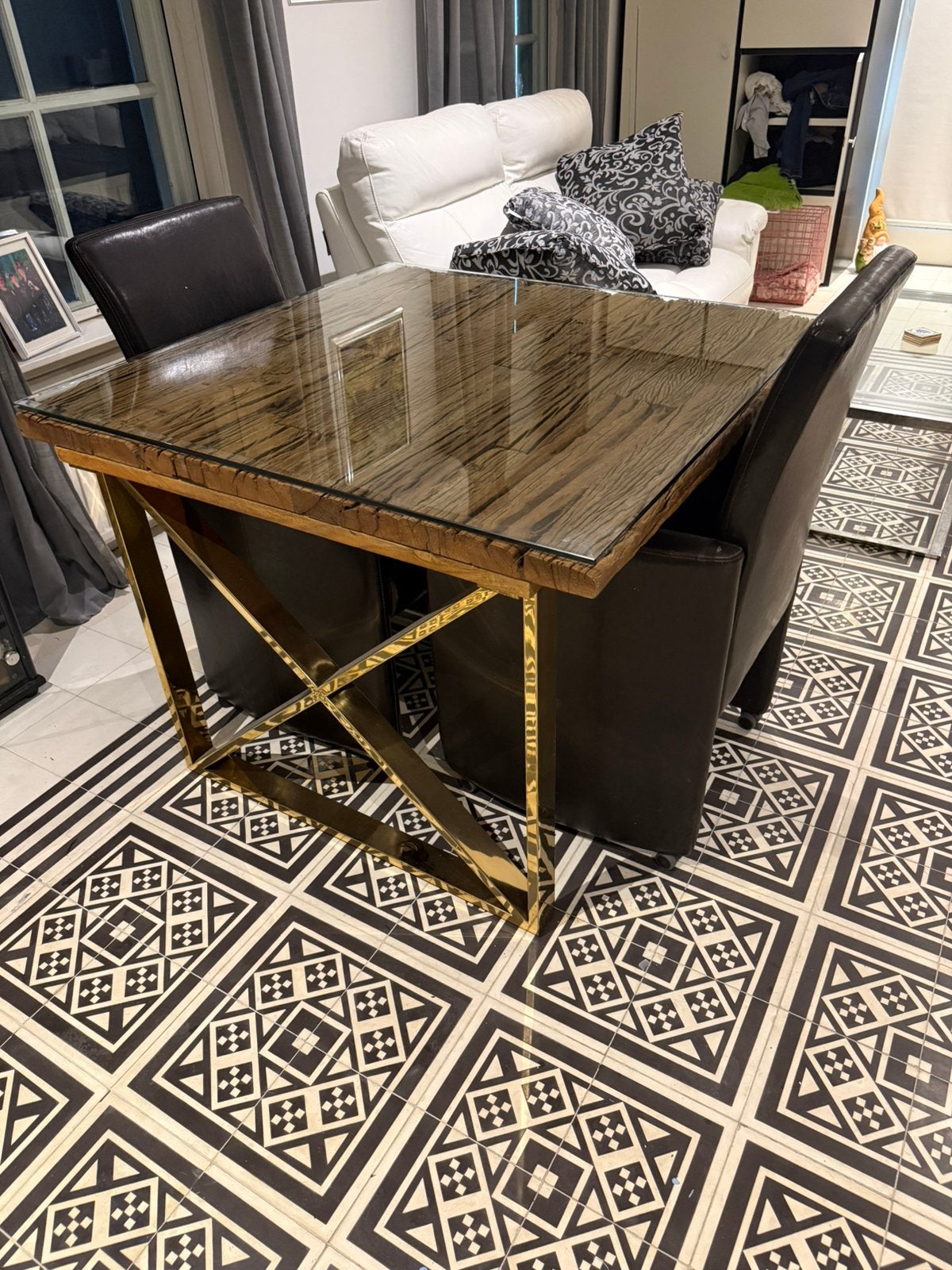Zeer fraaie eetkamertafel met glazen plaat, Ophalen, 50 tot 100 cm, Vierkant, Tot twee personen