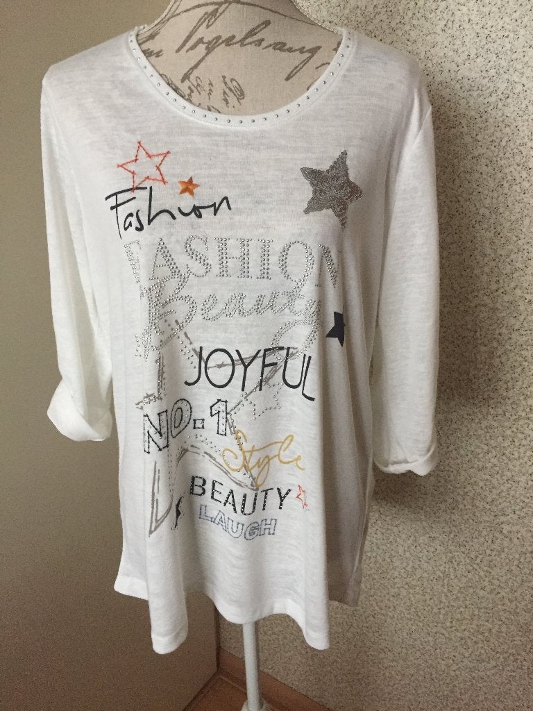 Wolwit long shirt met 3/4 mouw strass-steentjes mt L - CANDA, Wit, Maat 42/44 (L), Nieuw, Ophalen of Verzenden