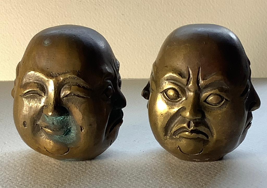2 x Messing sculptuur boeddha hoofd, vier gezichten pr.p.st., Ophalen of Verzenden