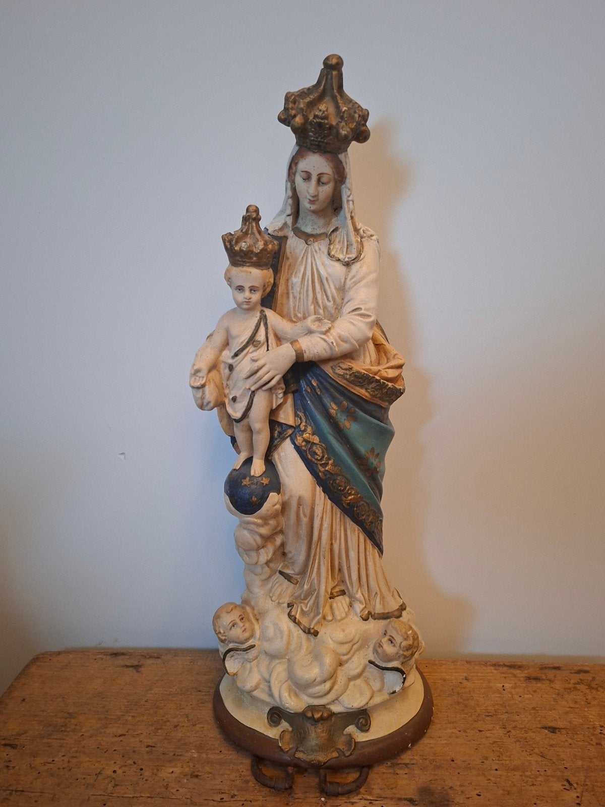 Antiek Mariabeeld met Kindje Jezus - Gekroonde Madonna, Ophalen of Verzenden