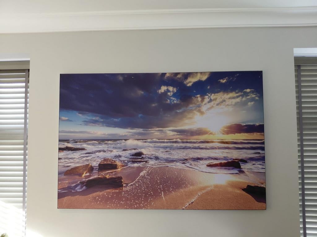 Foto op doek zonsondergang strand 150x100 cm, Huis en Inrichting, Woonaccessoires | Schilderijen, Tekeningen en Foto's, Ophalen