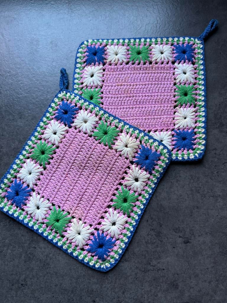 Vintage Gehaakte Pannenlappen - Roze en Oranje Set, Ophalen of Verzenden, Gebruikt